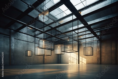 Contemporary space with light-shadow play through ceiling grid - industrial exterior setting. Generative AI