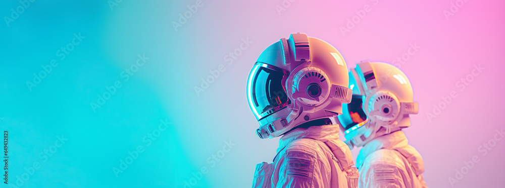 Exploring the Cosmos. Astronauts in a space suit, insulated on a pastel blue-pink background with space for text. Space exploration concept - obrazy, fototapety, plakaty 