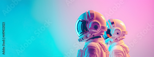 Exploring the Cosmos. Astronauts in a space suit, insulated on a pastel blue-pink background with space for text. Space exploration concept photo