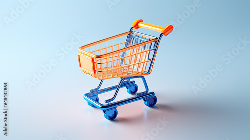 Still life of a small shopping cart in blue and orange chrome color on white background