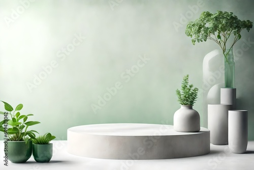 White empty concrete textured wall and podium stage background, green glass vase with plants, neutral sustainable natural brand product showcase template, mock up with copy photo