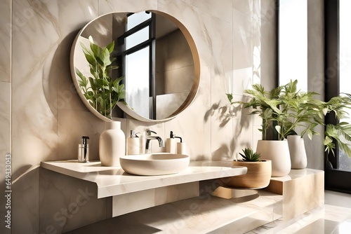 Modern and minimal design of cream colored bathroom vanity with marble counter top and white round ceramic washbasin with vase of houseplant in sunlight from window on granite tile wall for personal c