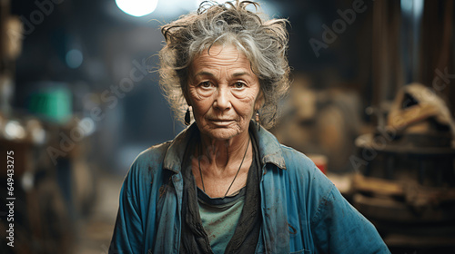 portrait of a senior person, dirty woman in work, tired and old 