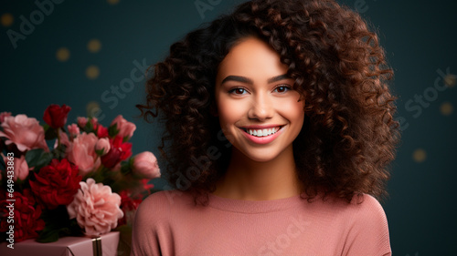 portrait of charming attractive girl hold flowers in hands isolated over black color background.