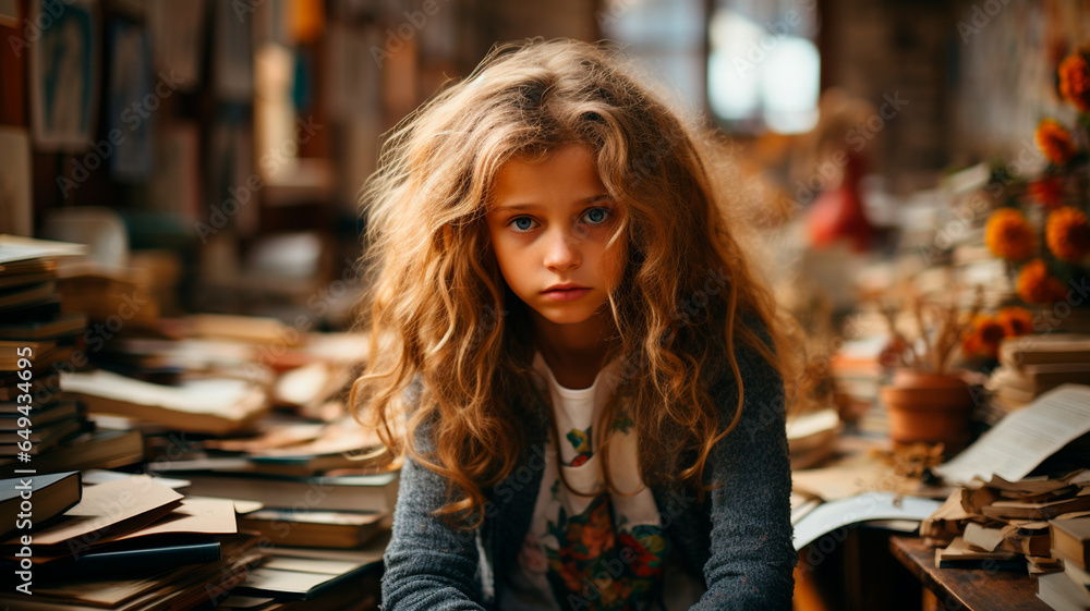 portrait of cute little girl sitting in library with books and looking at camera.