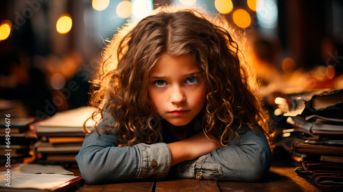 portrait of cute little girl sitting in library with books and looking at camera.