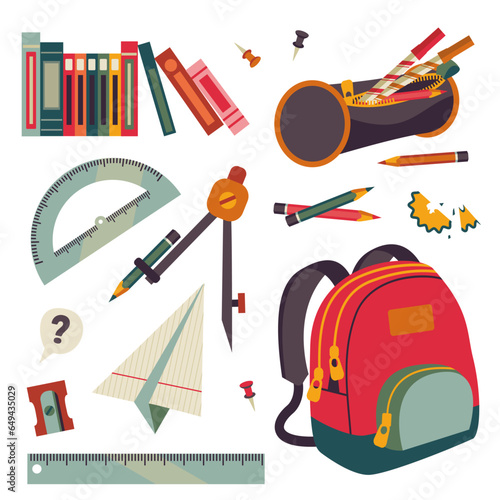 Bundle school items. Vector illustrations on a white background. Back to school. Set icons in a flat design style