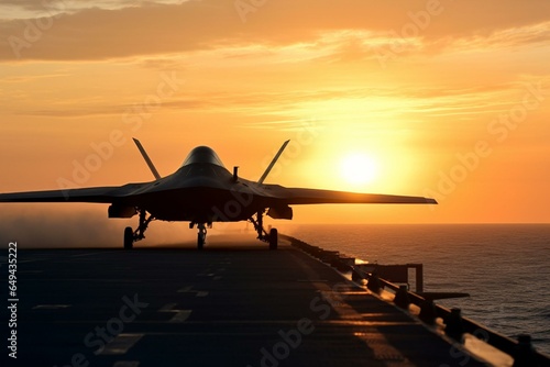 A stealth jet departs from a carrier at dawn. Generative AI
