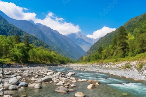 Scenic river landscape amidst towering Himalayan peaks, meandering river, lush forest, blue sky adorned with clouds. Generative AI
