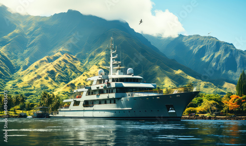 The Epitome of Opulence on a Grand Luxury Yacht Anchored Amidst Picturesque Paradise - Generative AI