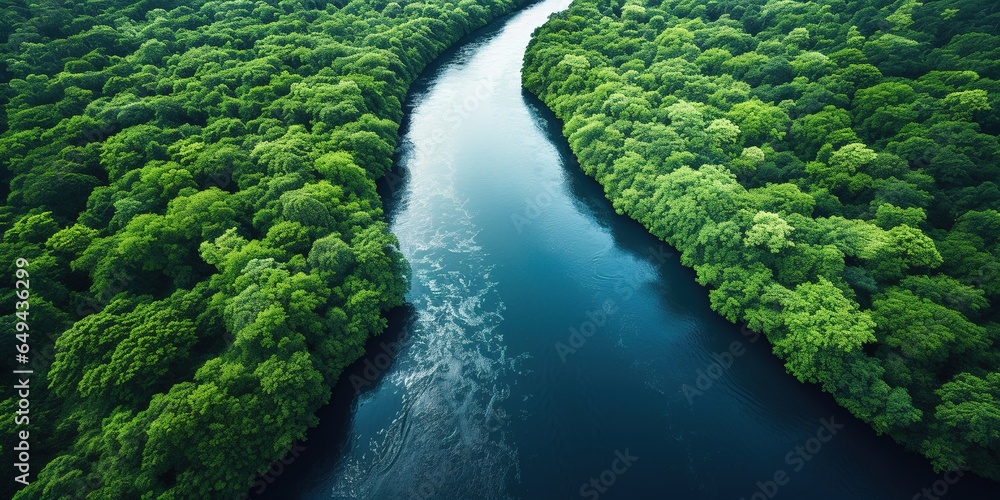 Generative AI, green beautiful amazonian jungle landscape with trees and river, drone view Generative AI, green beautiful amazonian jungle landscape with trees and river, drone view