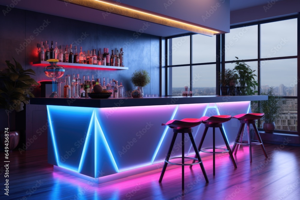 Modern kitchen with a bar counter and neon lighting - obrazy, fototapety, plakaty 