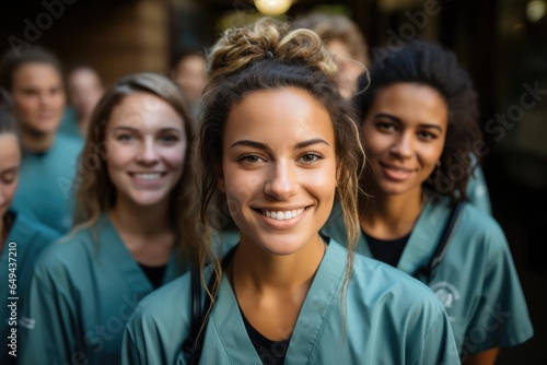 portrait of a nurse wearing scrubs with her team