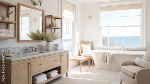 Cozy clean interior design with muted costal colors bathroom © Fred