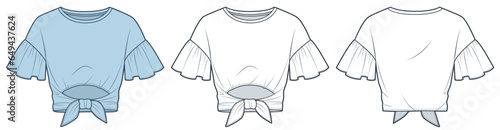 Knot T-Shirt fashion flat tehnical drawing template. Cropped Shirt technical fashion illustration, frill sleeve, round neck, cutout, front, back view, white, blue color, women CAD mockup set.