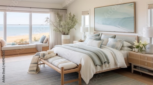 Cozy clean interior design with muted costal colors bedroom photo