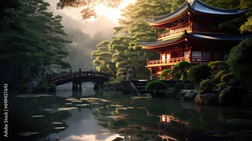 Traditional Japanese temple photo realistic illustration - Generative AI.