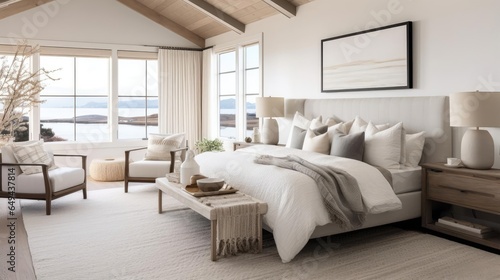 cozy modern primary master bedrooom with pale colors and wood accents © Fred