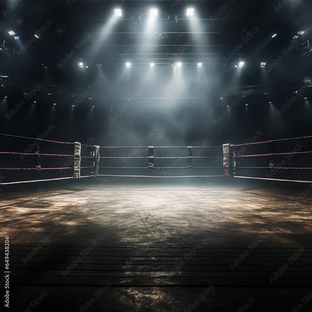 Boxing arena with dark lights in the background - obrazy, fototapety, plakaty 