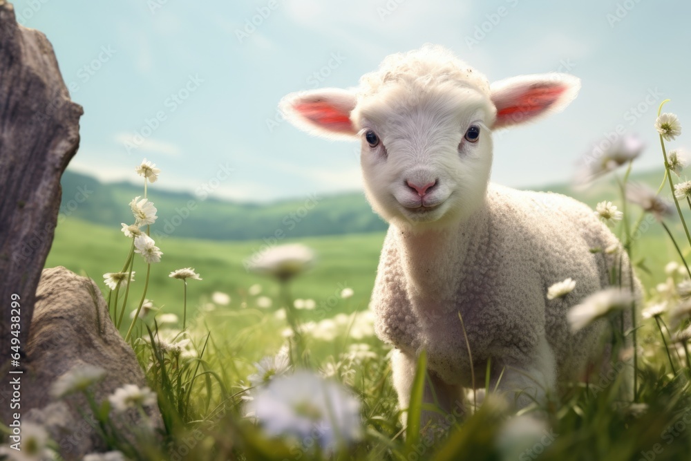 A cute lamb is lying on a spring meadow and resting A cute lamb is lying on a spring meadow and resting