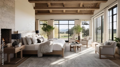luruxy rural modern farmhouse master bedroom with historic wood beams and features