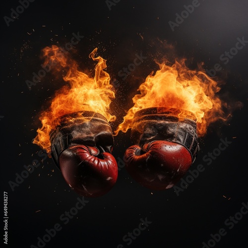 Boxing gloves surrounded by flames with a dark background