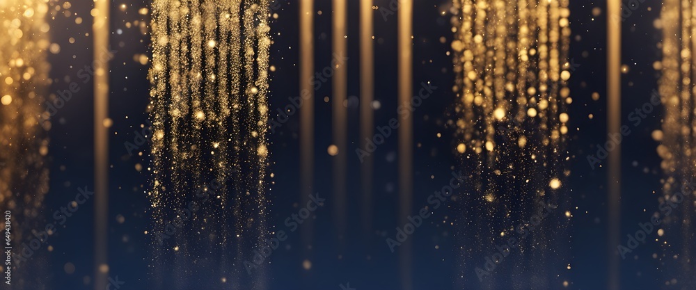 Abstract dark blue background with particles and golden shiny star dust. Christmas feeling. A navy blue backdrop adorned with a shimmering cascade of golden light, creating a captivating bokeh effect. - obrazy, fototapety, plakaty 