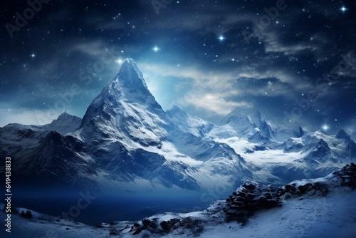 mountains covered in snow and a sky full of stars. Generative AI