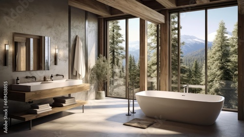 luxury modern bathroom with rich natural light wooden beams and minimalist features views of pine forest photo