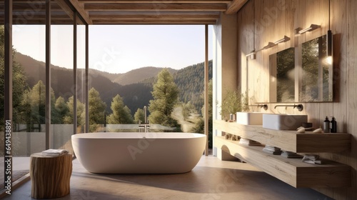 luxury modern bathroom with rich natural light wooden beams and minimalist features views of pine forest © Fred