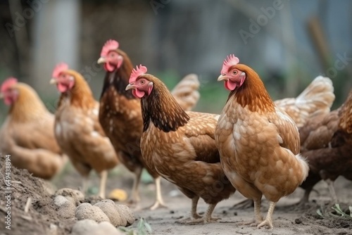 Group of hens in farm, emphasizing organic and eco-friendly practices. Healthy, happy chickens in free-range, outdoor environment. Generative AI
