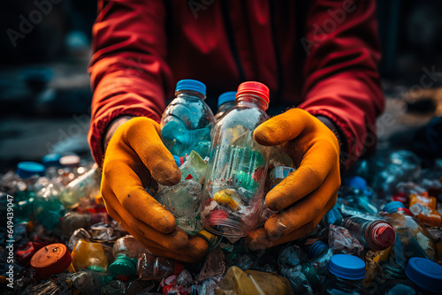 Hands of a man sorting plastic bottles. Surrounding details: Sorting station with different types of waste.