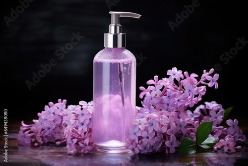 Mock-up of a bottle of liquid with a dispenser near lilac flowers