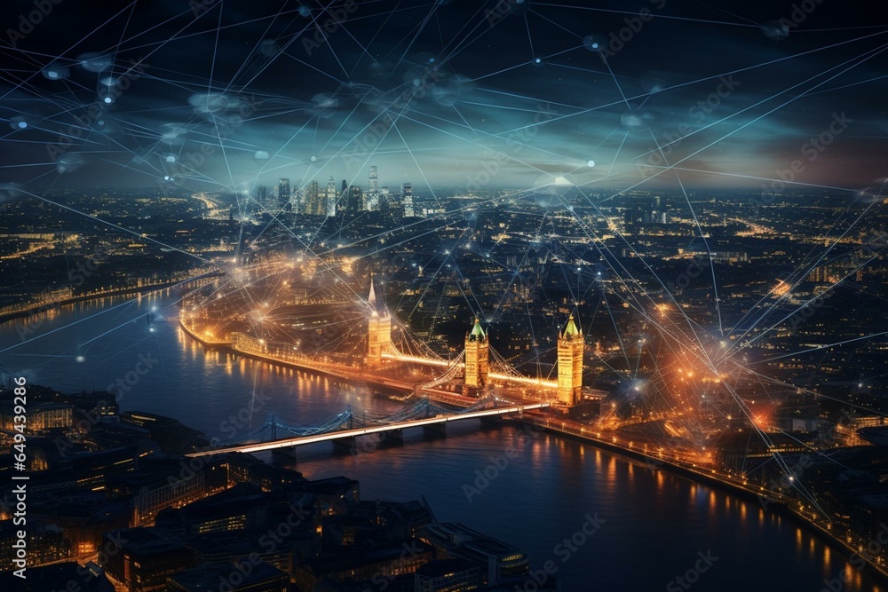 Cityscape of London's finance hub featuring an intricate web of data connections. Generative AI