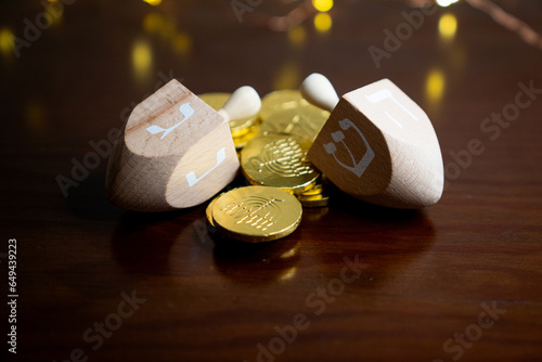 Hanukkah gelt and dreidels for holiday game