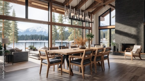 luxury modern open plan dining room with rich natural light wooden beams and minimalist features