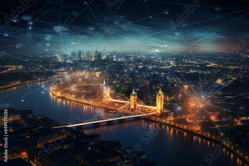 Cityscape of London s finance hub featuring an intricate web of data connections. Generative AI