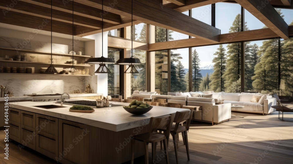 luxury modern open plan kitchen with rich natural light wooden beams and minimalist features views of pine forest