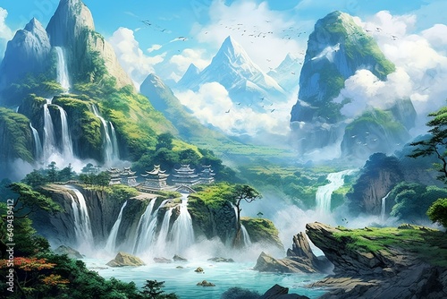 Scenic landscape of a waterfall amidst mountains in traditional Chinese and Japanese style. Generative AI