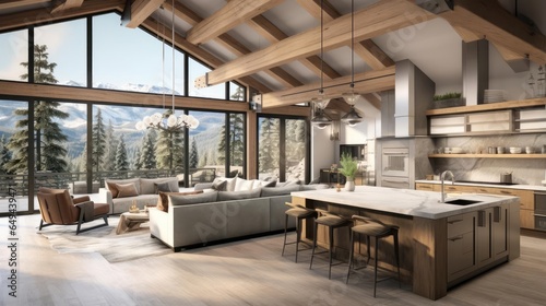 Wallpaper Mural luxury modern open plan kitchen with rich natural light wooden beams and minimalist features views of pine forest Torontodigital.ca