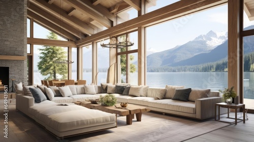 luxury modern open plan living room with rich natural light wooden beams and minimalist features