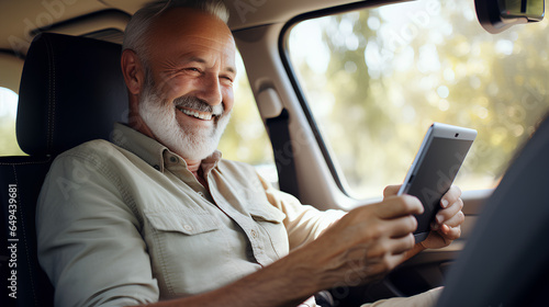 Older man sitting in camper van using gps navigation map system digital device. Smiling mature active traveler driving car vehicle looking at screen touching sensor gadget dashboard, close up view