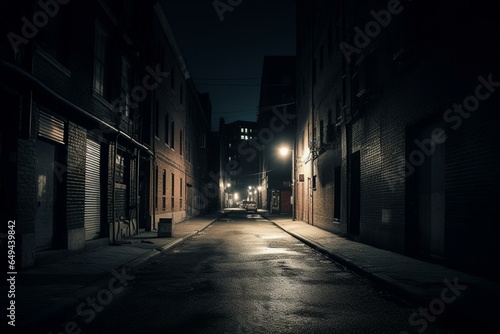 Nighttime view of a desolate urban street with a mysterious ambiance. Generative AI