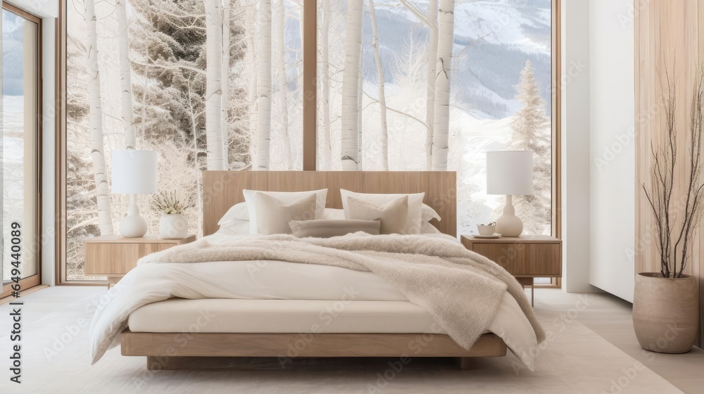 Modern cozy minimalist house bedroom with snowy forest outside Modern cozy minimalist house bedroom with snowy forest outside