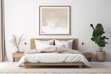 Bedroom mockup with wooden furniture, beige interior, framed artwork. Generative AI