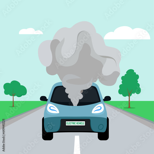 Car breakdown vector illustration, smoke coming from an engine of an electric car vehicle on a driveway, front view flat style stock vector image