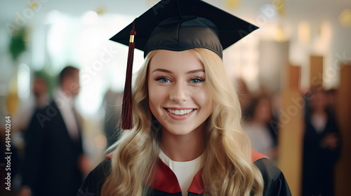 Smiling cute pretty blond girl, positive female teenage high school student holding backpack looking at camera standing in modern university or college campus library, portrait