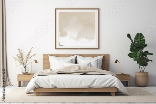 Bedroom mockup with wooden furniture, beige interior, framed artwork. Generative AI © Kato