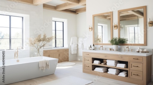 Modern farhmouse decor bathroom with wood accents and pale colors © Fred