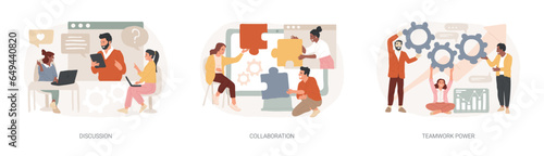 Effective team-working isolated concept vector illustration set. Discussion, collaboration, teamwork power, share opinion, brainstorming, corporate website, goal achievement vector concept. photo